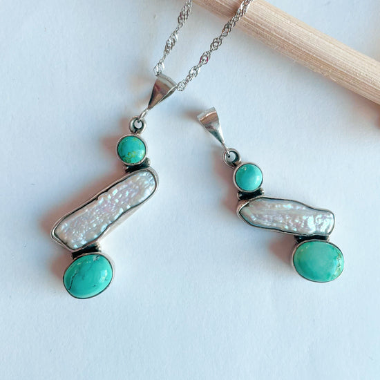 Biwa & Turquoise Pendant- Solid Sterling Silver