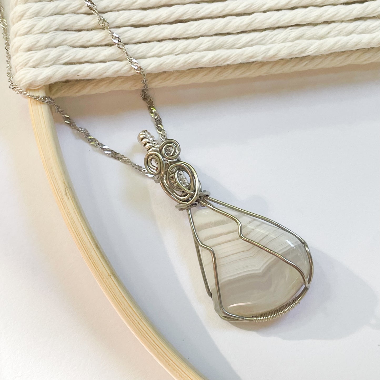 Blue Lace Wire Wrap Pendant - Stainless Steel