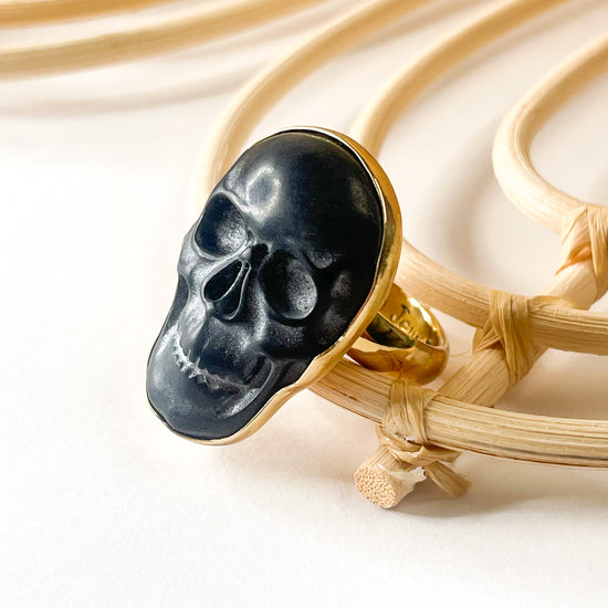 Greyish Black Obsidian Skull Ring - Alchemia