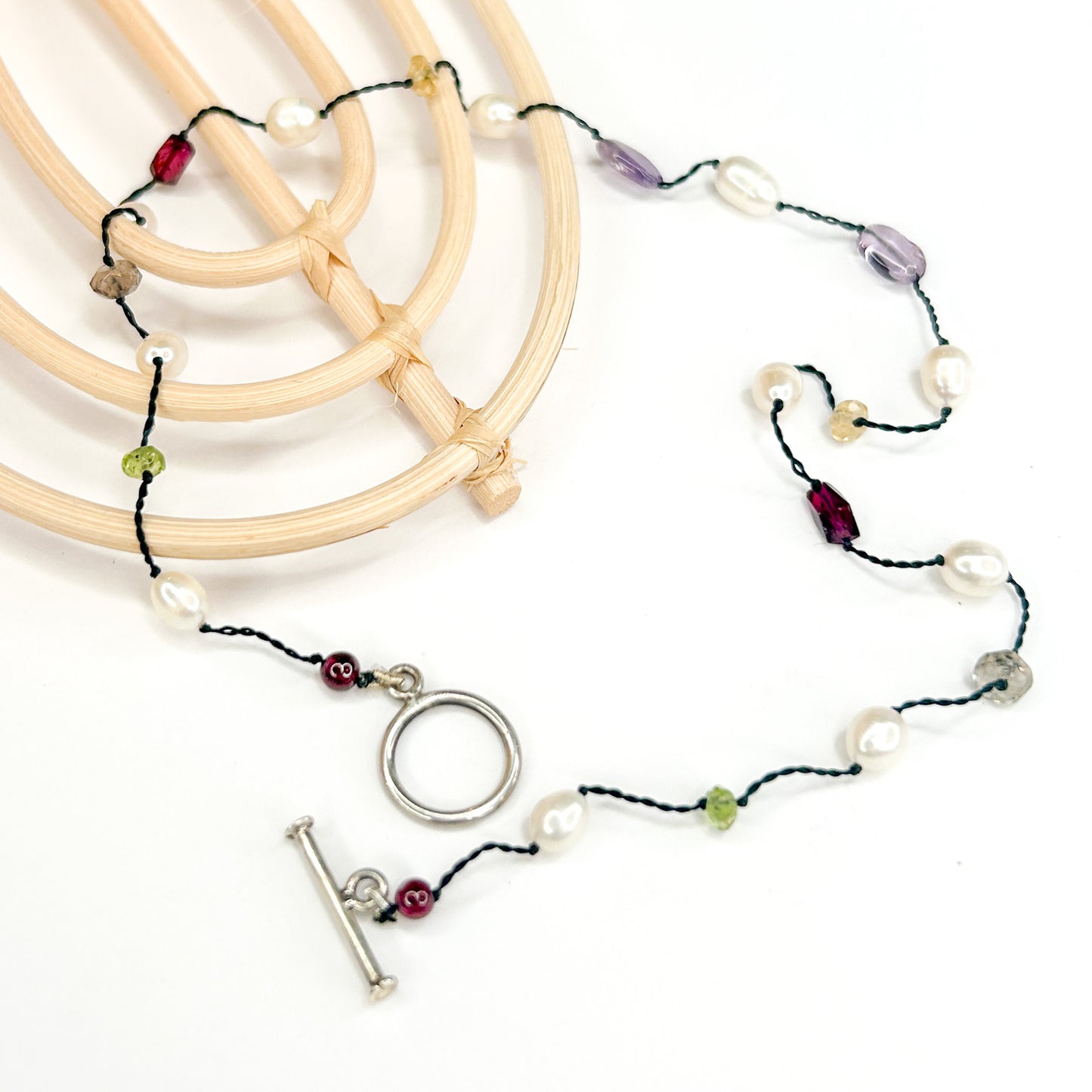 Pearl & Stone Thread Necklace - Solid Sterling Silver