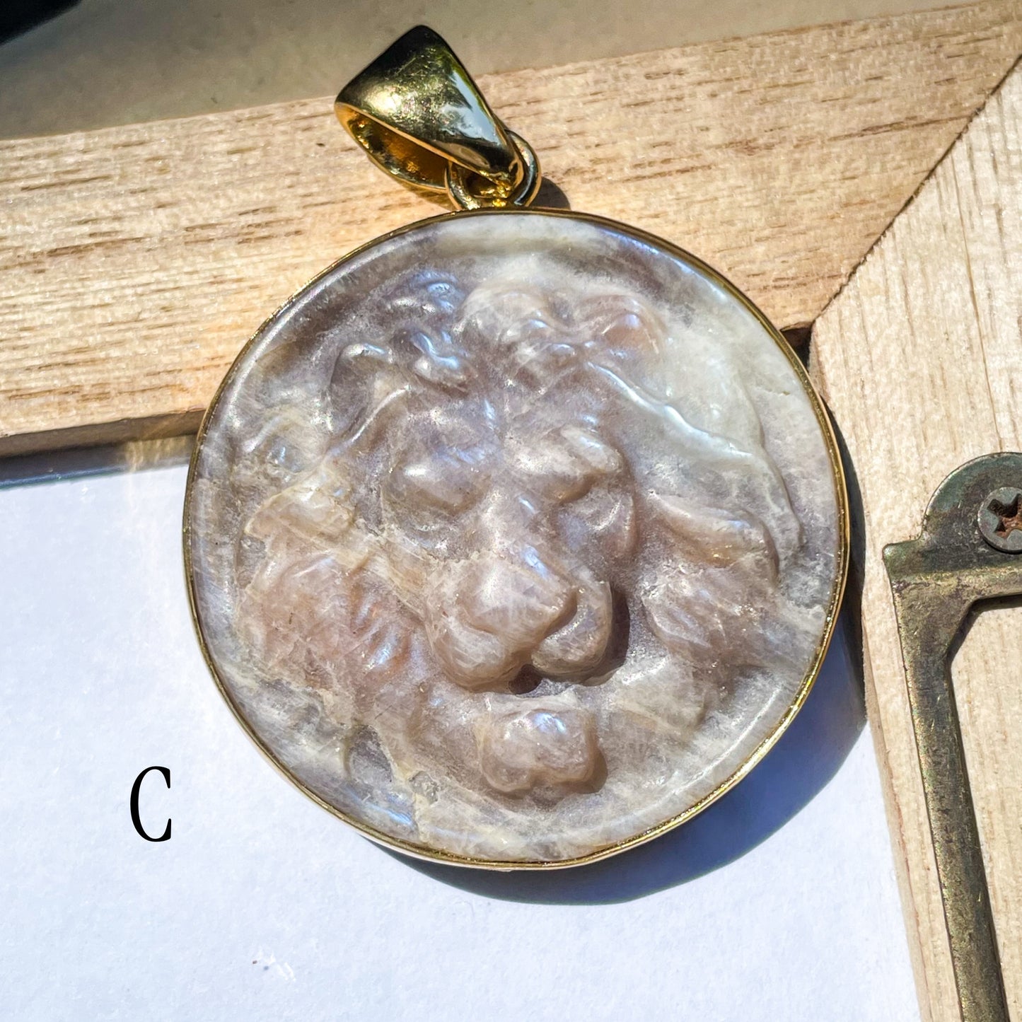 White Moonstone Round Tiger Pendant - Both Metals