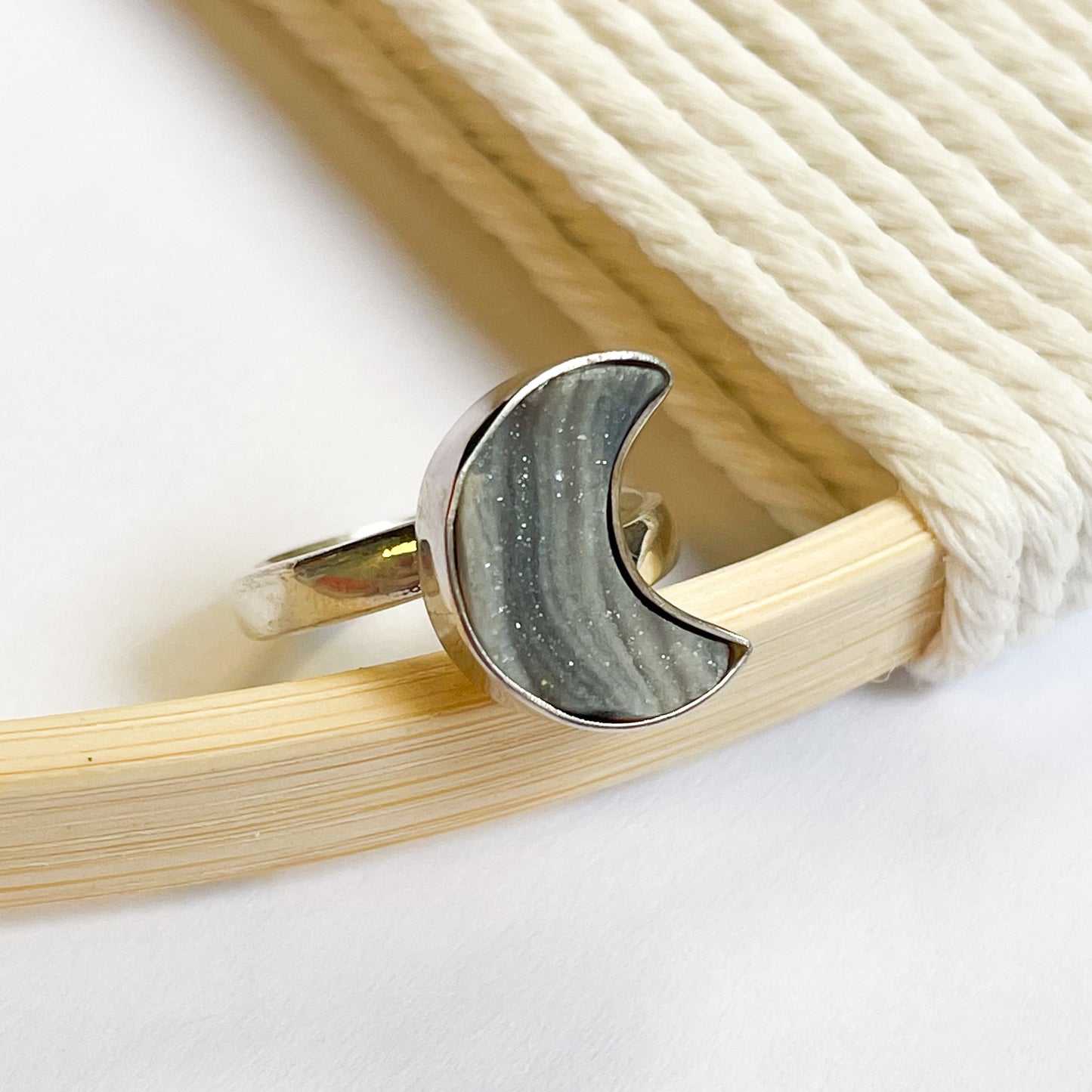 Dainty Dessert Druzy Moon Ring - Solid Sterling Silver