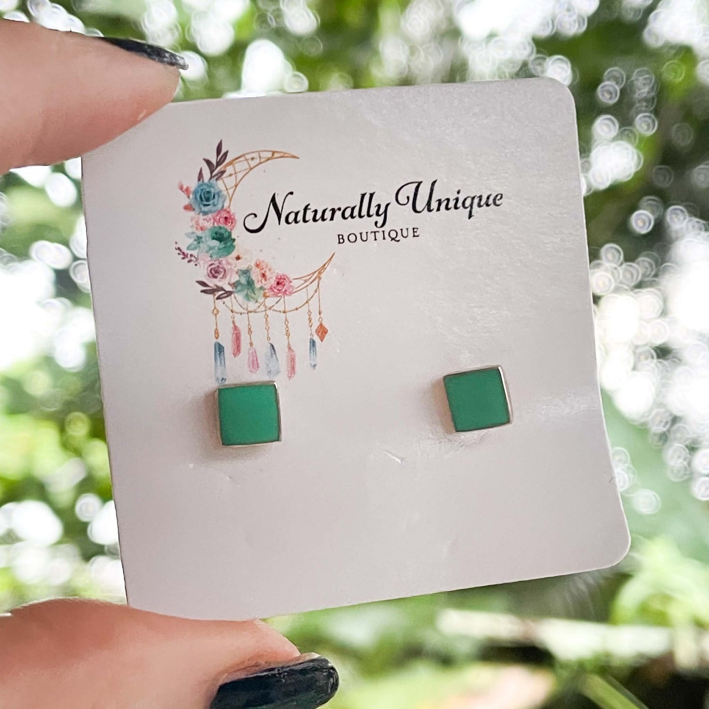 Green Howlite Square Studs - Solid Sterling Silver