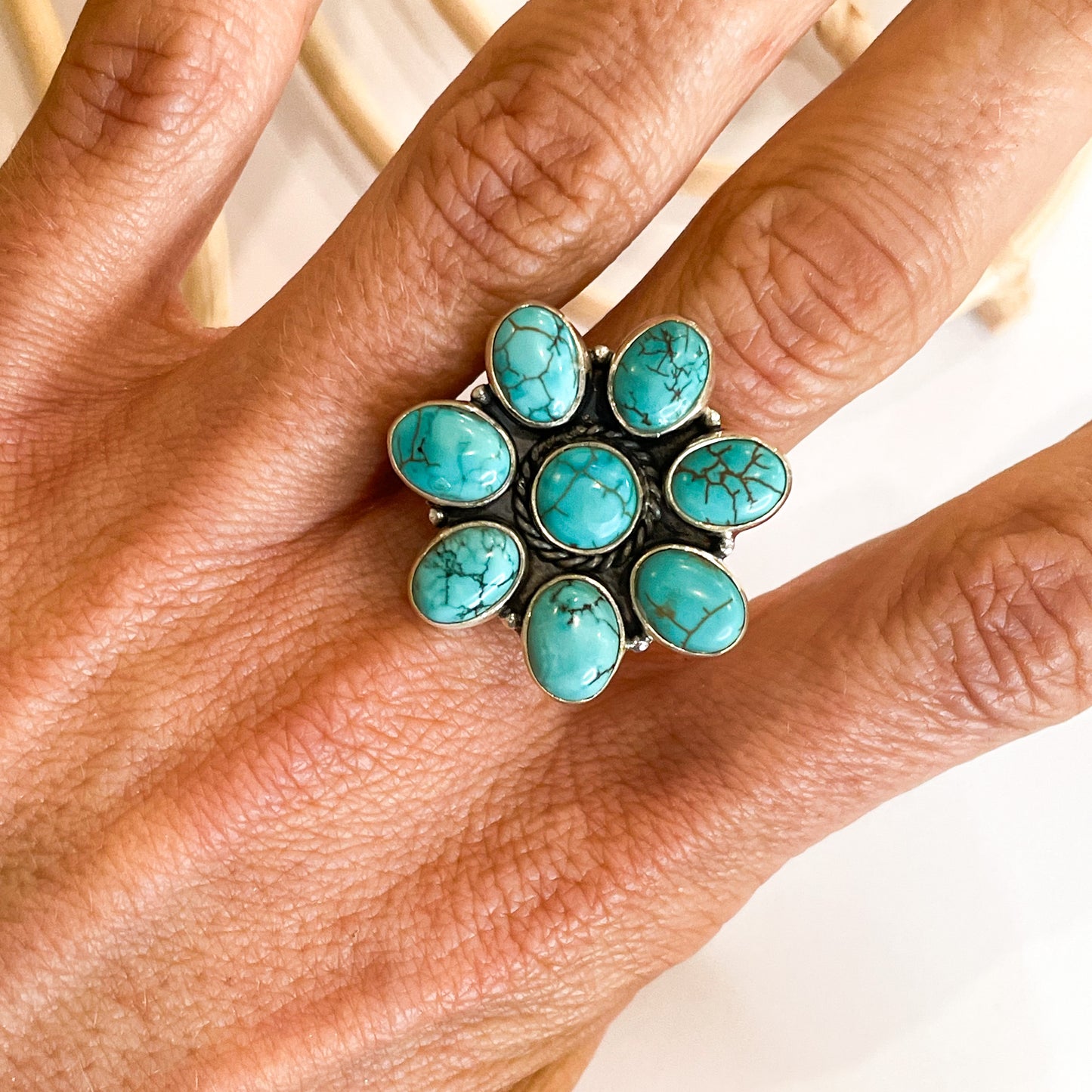 Blue Turquoise Flower Ring - Solid Sterling Silver