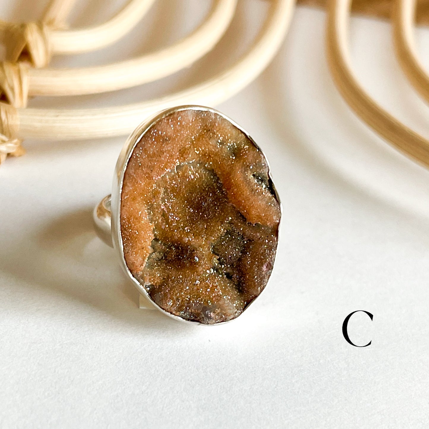 Peach Rough Druzy Ring - Solid Sterling Silver