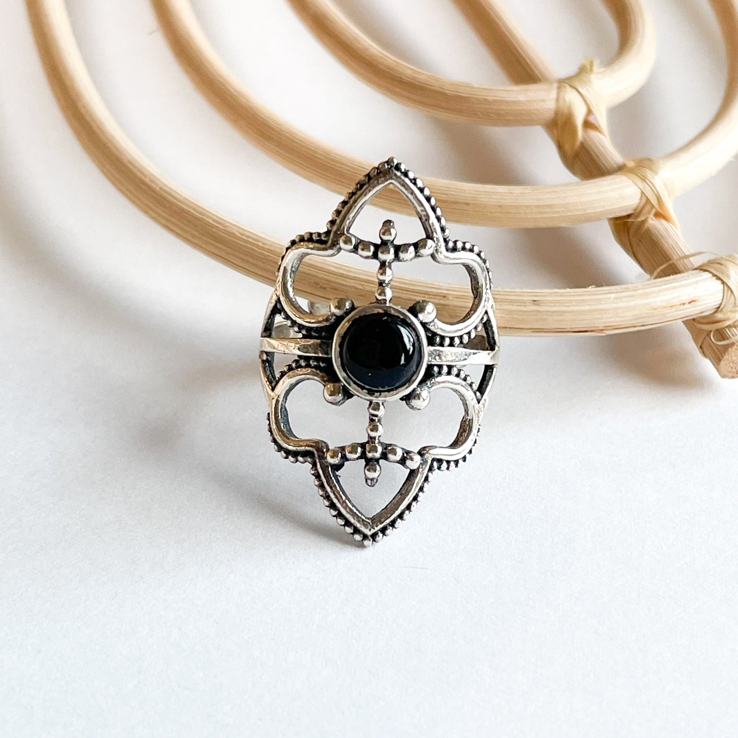 Black Onyx Filigree Ring - Solid Sterling Silver