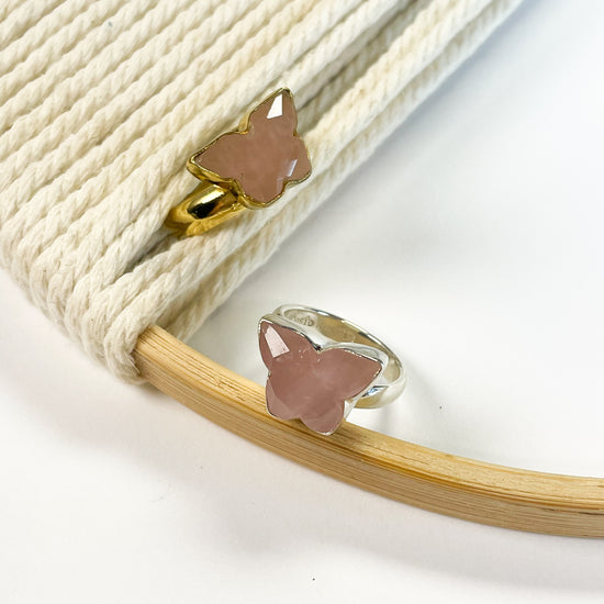 Rose Quartz Butterfly Rings - Both Metals