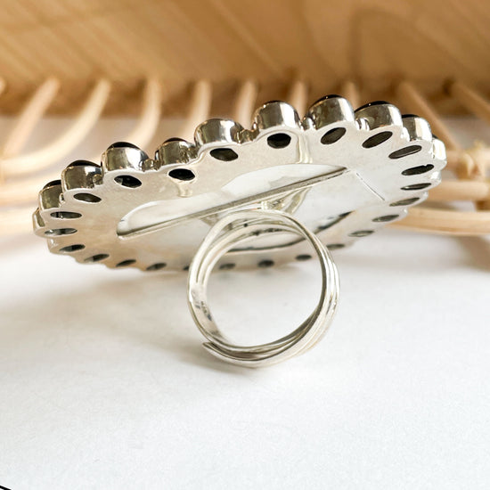 Dendrite & Onyx Heart Statement Ring - Solid Sterling Silver