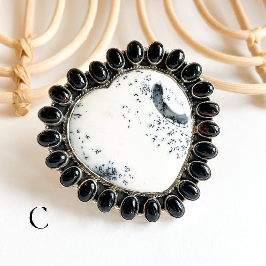 Dendrite & Onyx Heart Statement Ring - Solid Sterling Silver