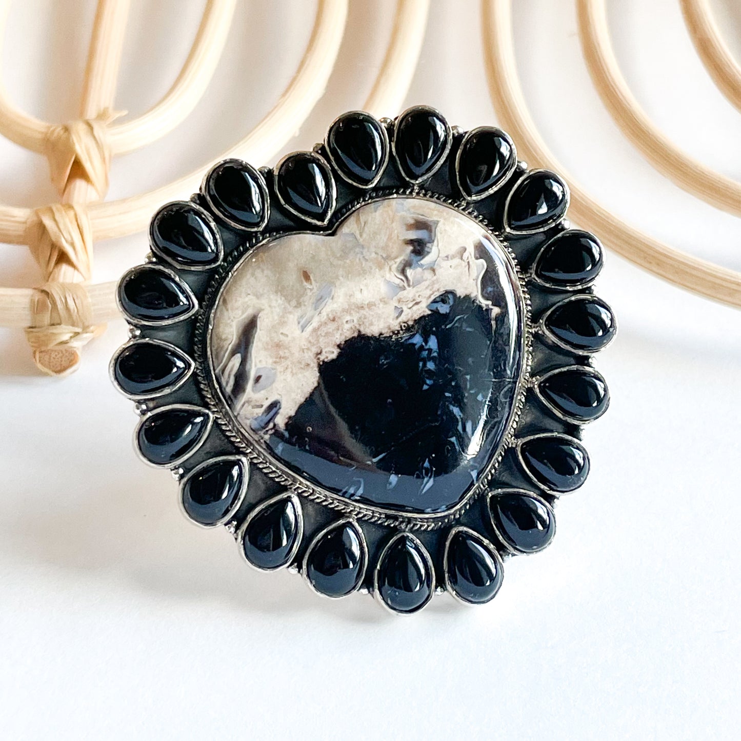 Palm Wood & Onyx Statement Ring - Solid Sterling Silver