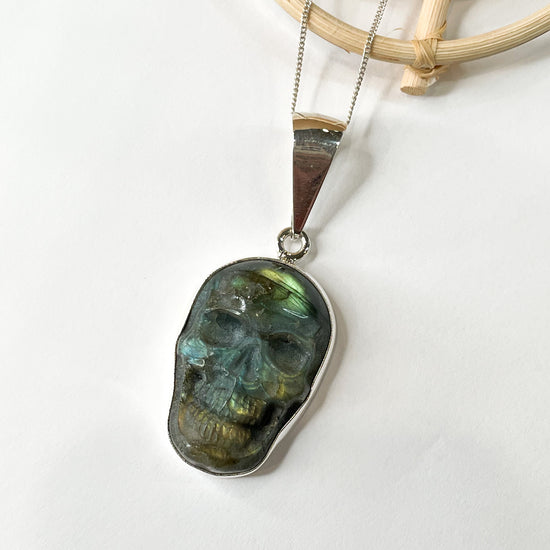 Load image into Gallery viewer, Statement Skull Labradorite Pendant-Solid Sterling Silver
