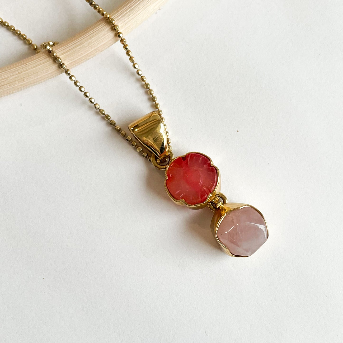Pink Jade Flower and Rose Quartz Pendant - Alchemia