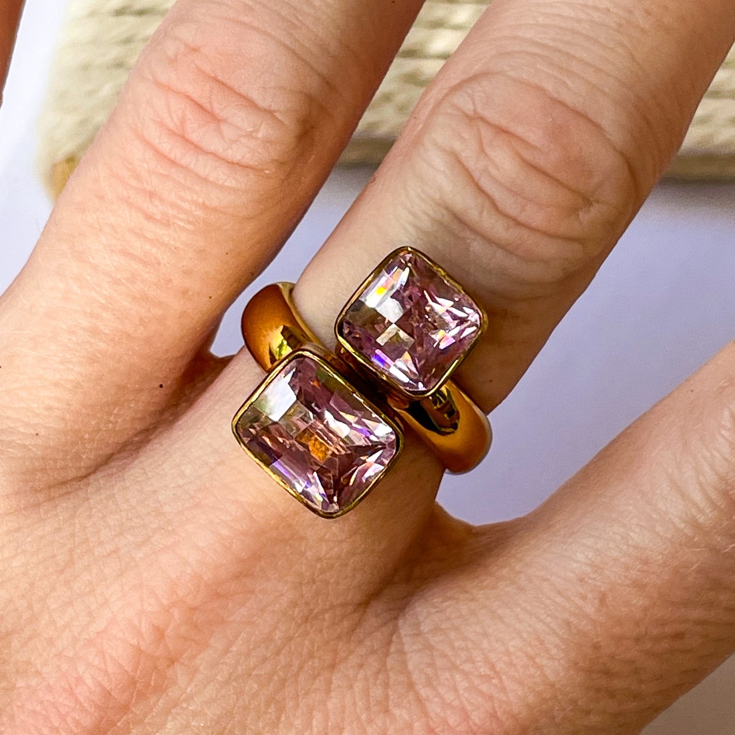 Pink Square CZ Bypass Ring - Alchemia Gold