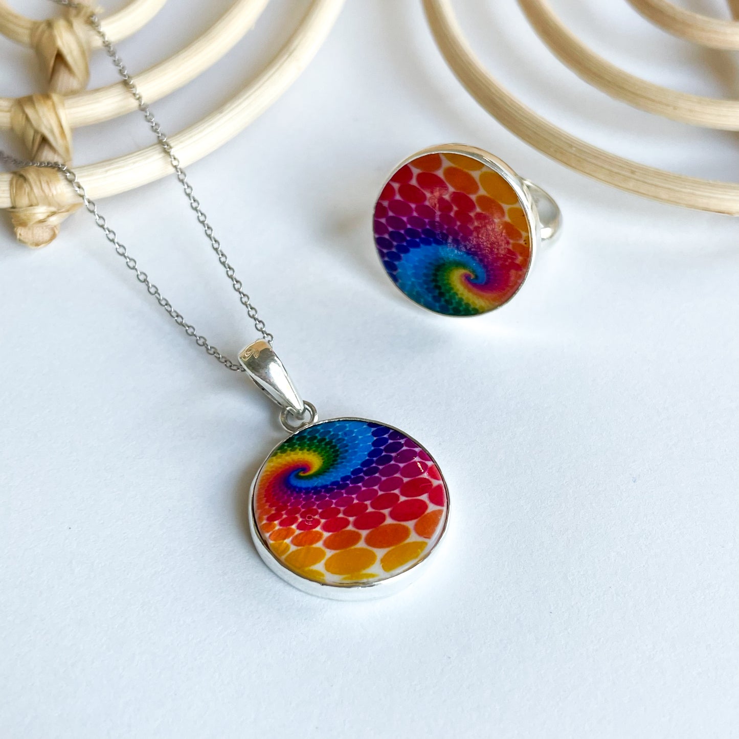 Whimsical Retro MOP Ring & Pendant - Solid Sterling Silver