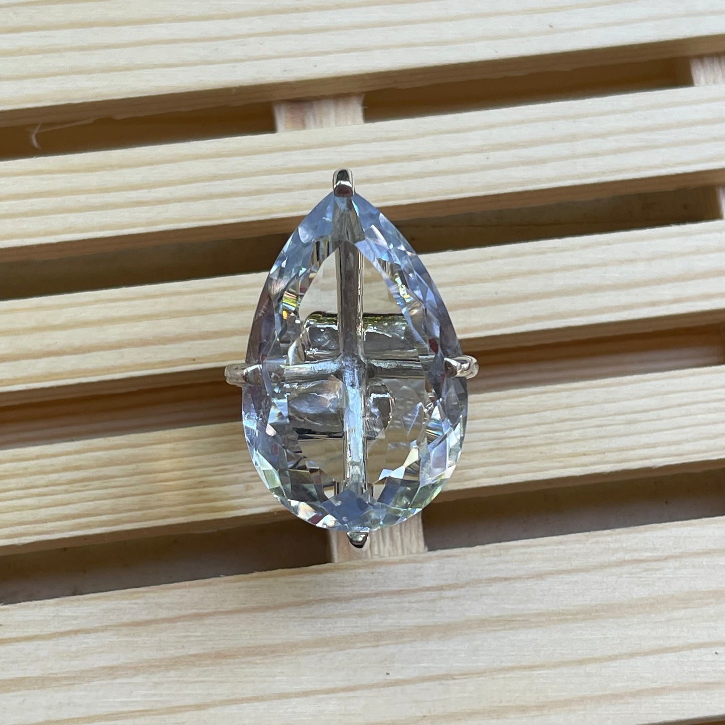 Faceted Aquamarine Blue Glass Prong Ring -  Solid Sterling Silver