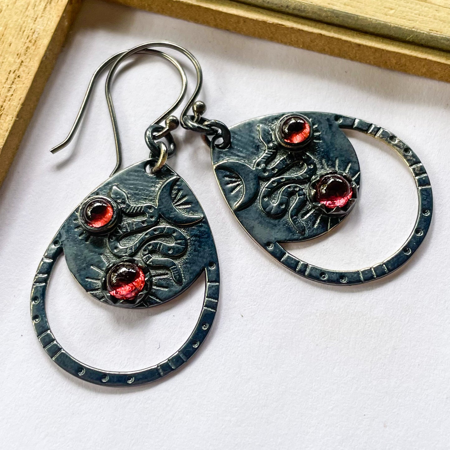 Garnet Serpent Moon Earrings - Solid Sterling Silver