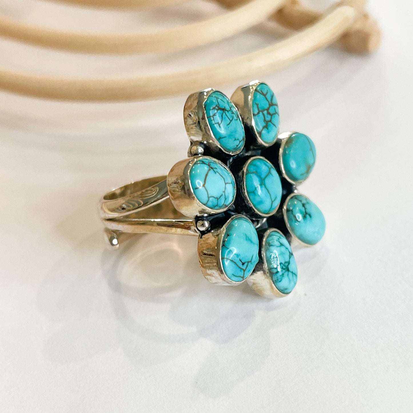 Blue Turquoise Flower Ring - Solid Sterling Silver
