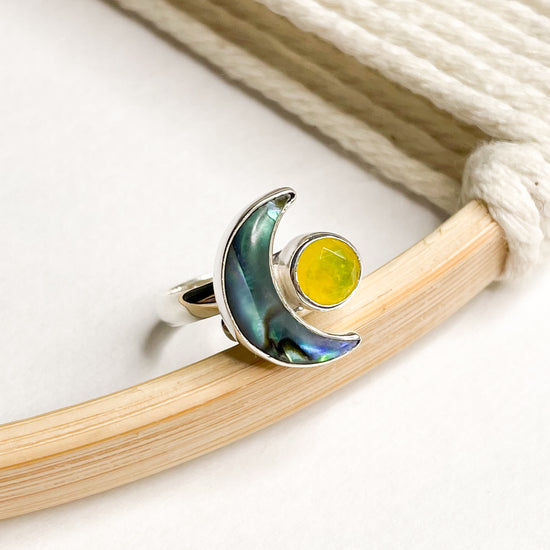 Abalone Moon & Gemstone Bypass Pendant & Ring- Solid Sterling Silver