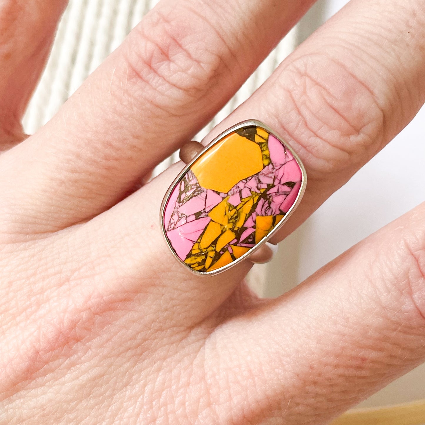Orange & Pink Jasper Ring - Solid Sterling Silver