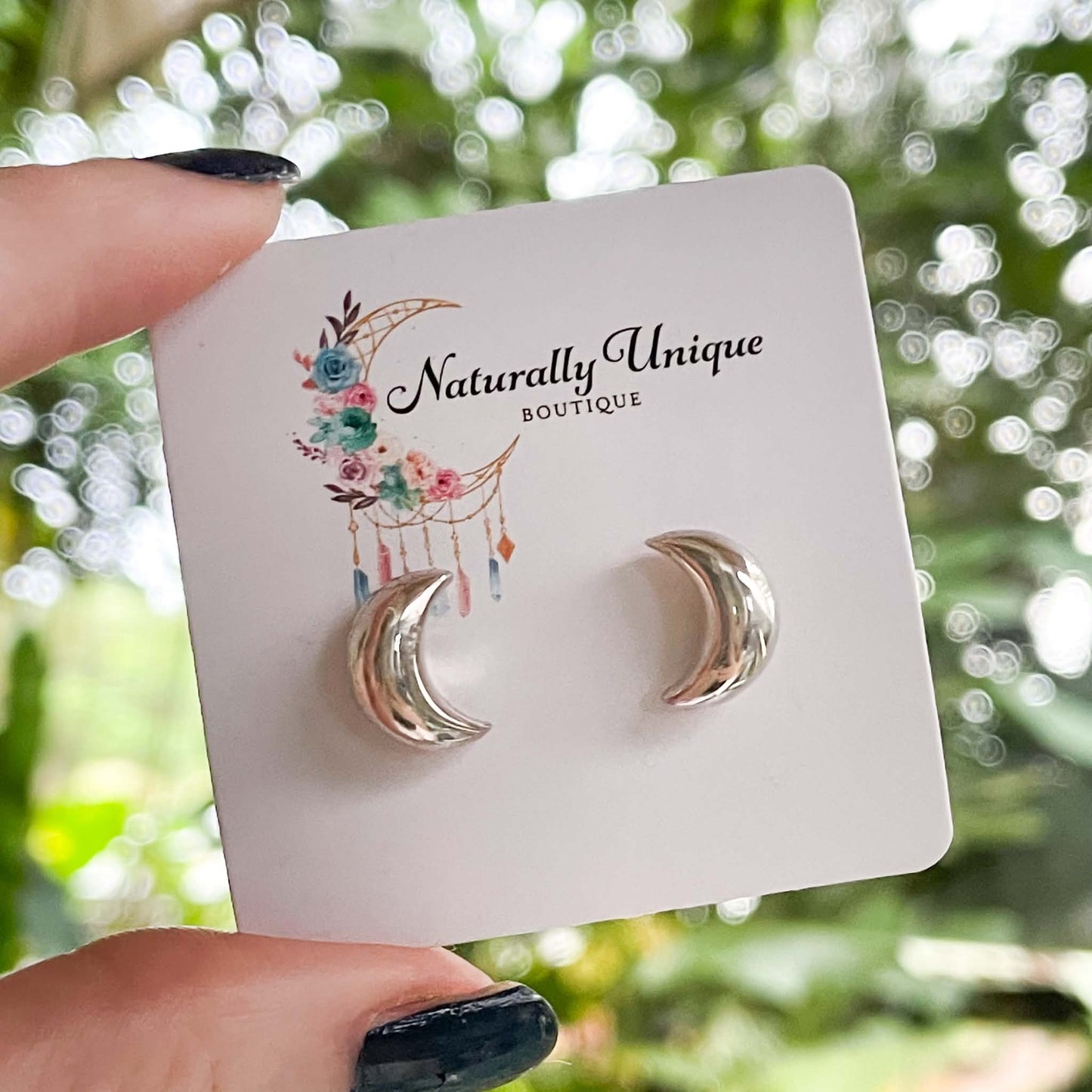 Puffy Crescent Moon Studs - Solid Sterling Silver
