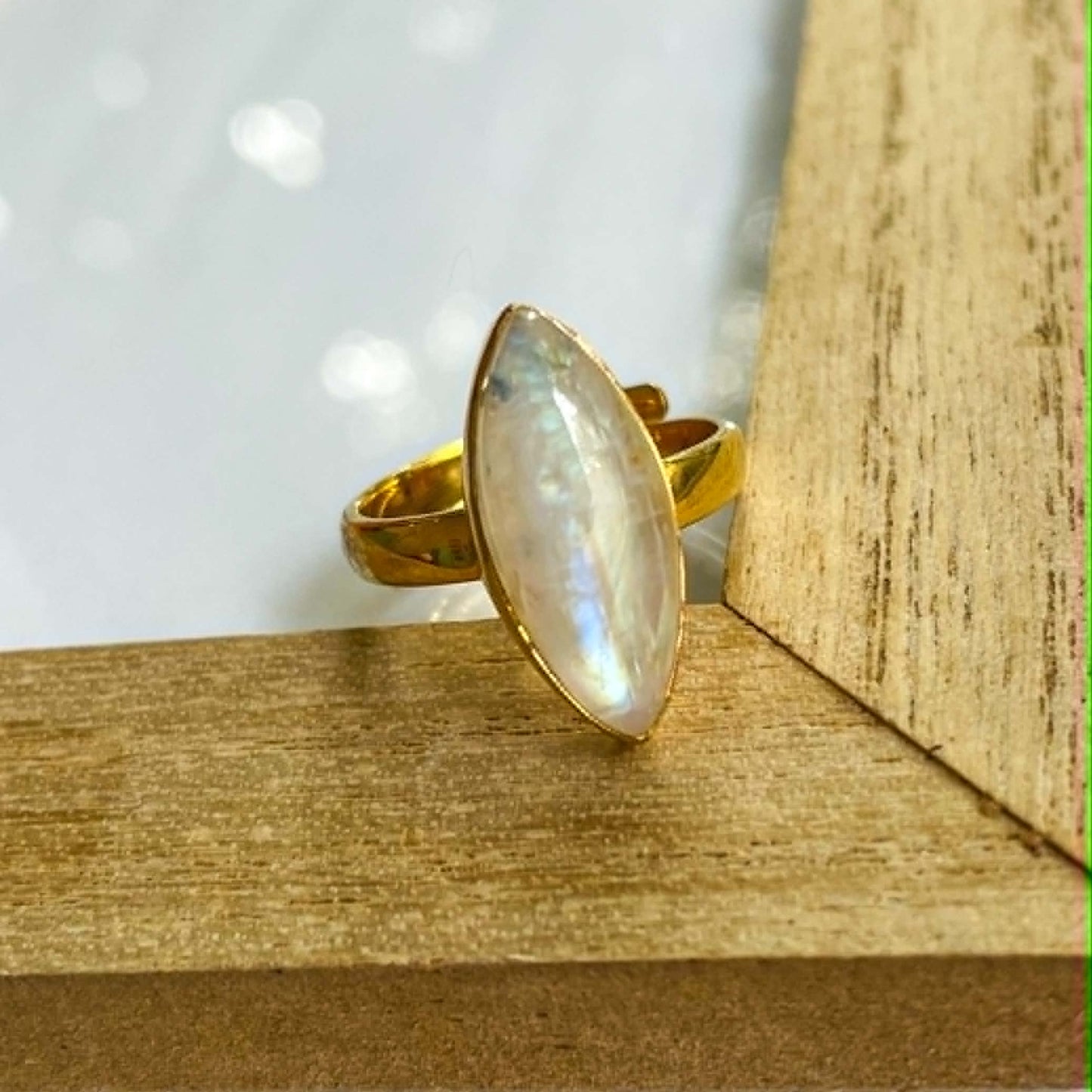 Rainbow Moonstone Marquise Ring - SSS w 18k Plate