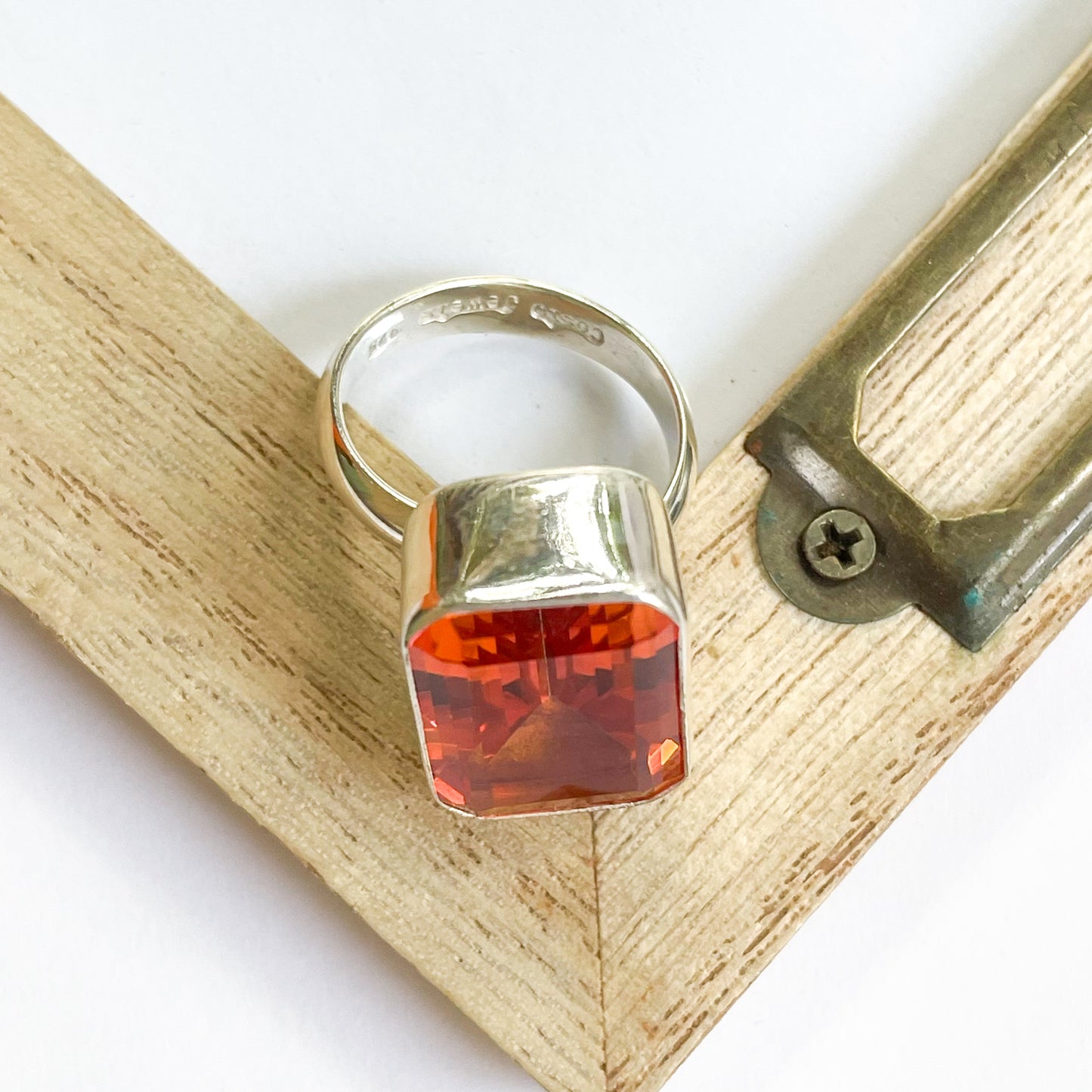 Orange Titanium Treated Quartz Bezel Ring - SSS