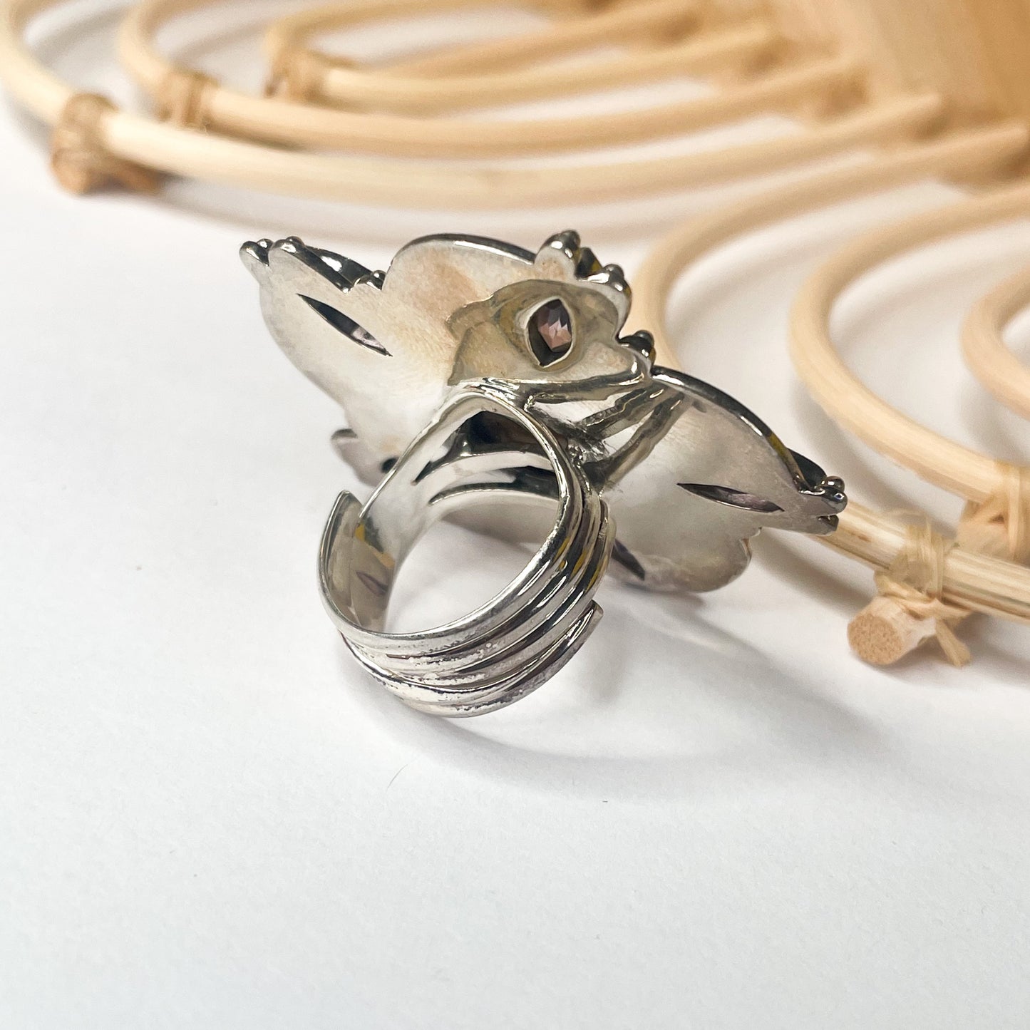 MOP & Amethyst Antique Flower Ring - Solid Sterling Silver