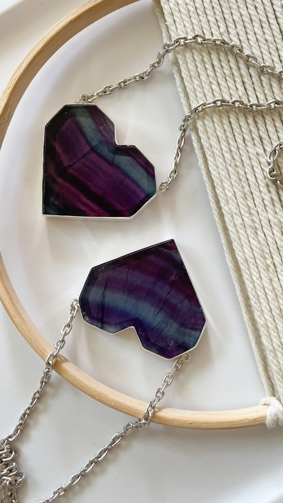 Fluorite Heart Statement Necklace - Solid Sterling Silver