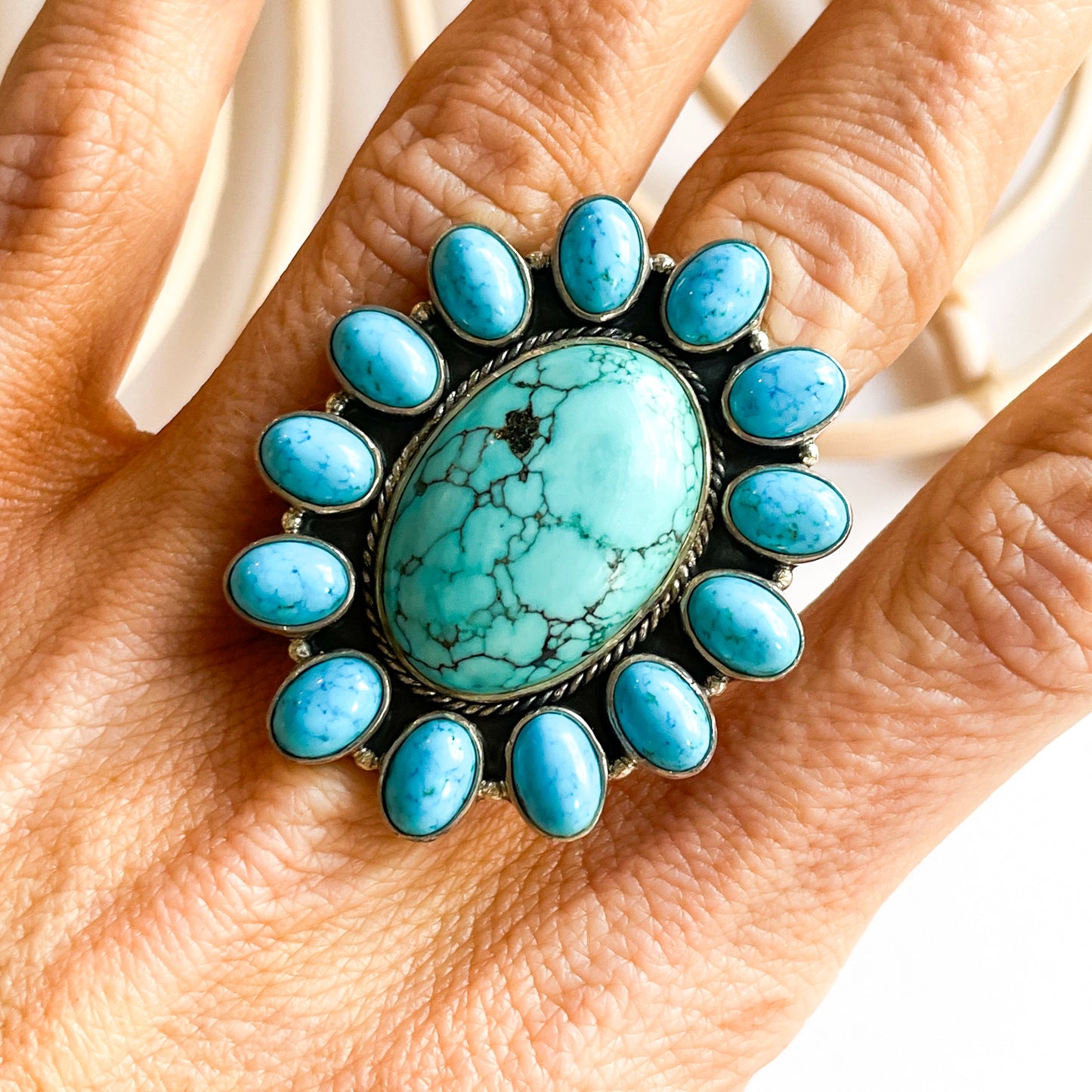 Turquoise Two-Tone Flower Ring - Solid Sterling Silver