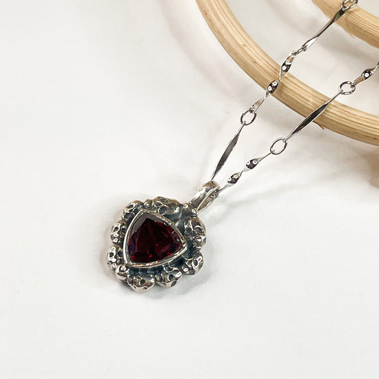 Garnet Dainty Skull Pendant - Solid Sterling Silver