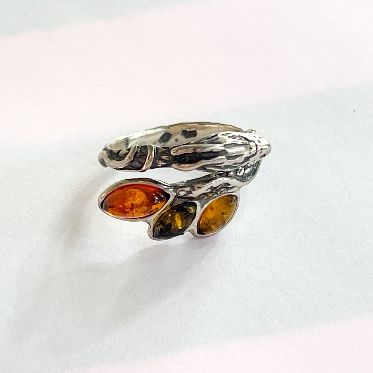 Dragon Amber Bypass Ring - Solid Sterling Silver