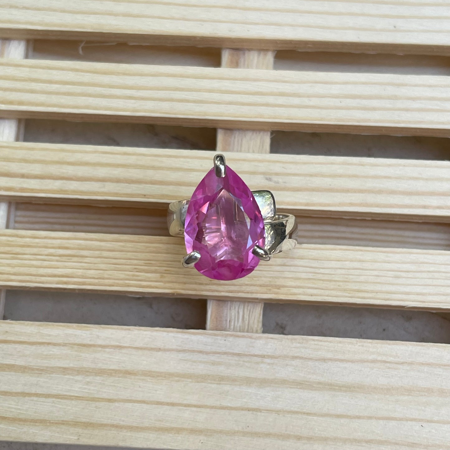 Hot Pink Glass Prong Ring - Solid Sterling Silver