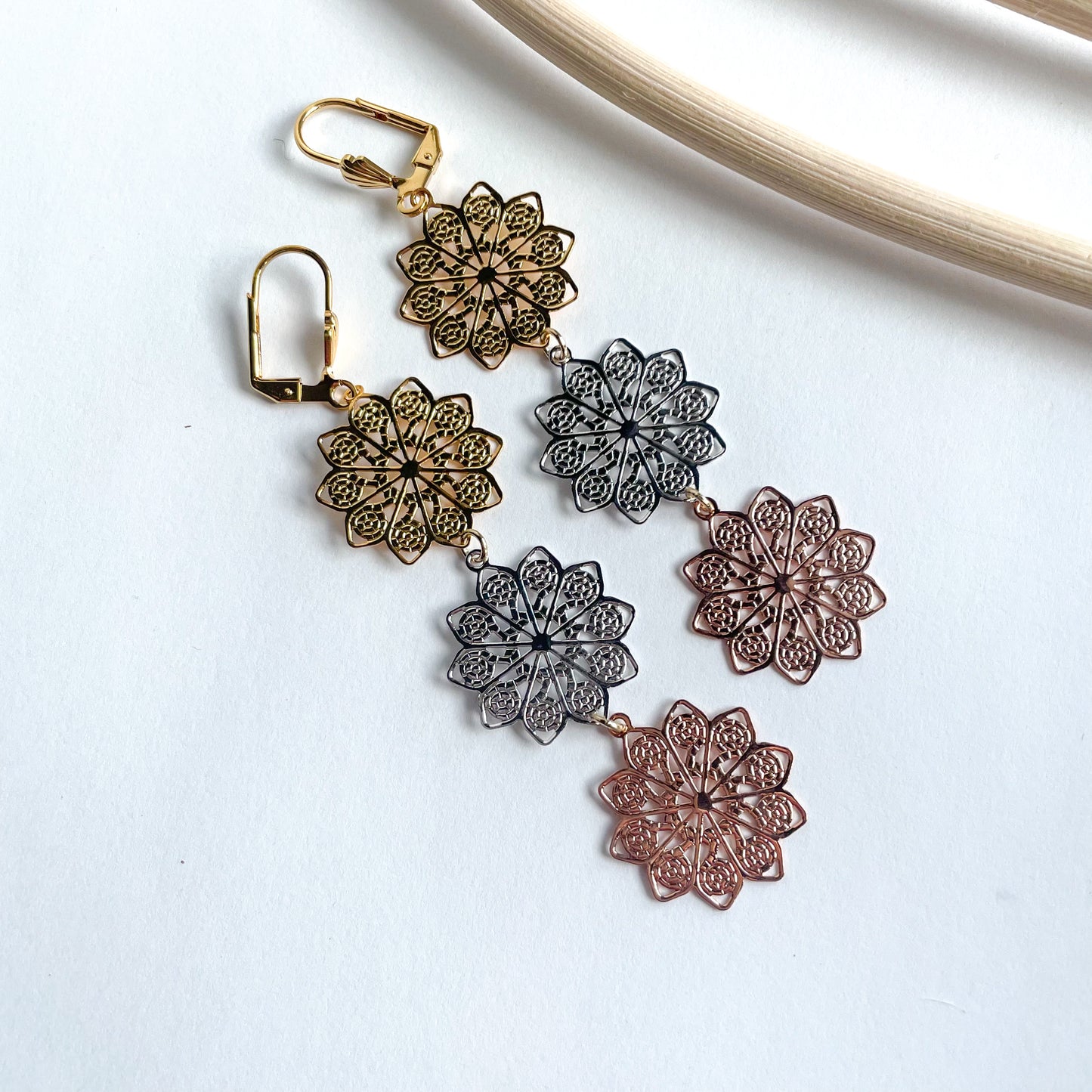 Tri Color Point Flower Dangles - 18k Gold Filled