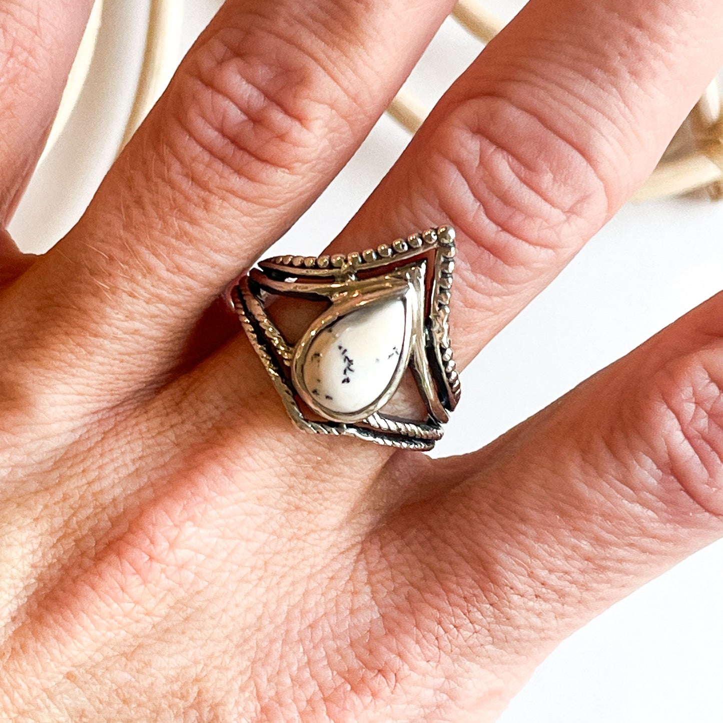 Crowned Dendrite Opal Ring - Solid Sterling Silver