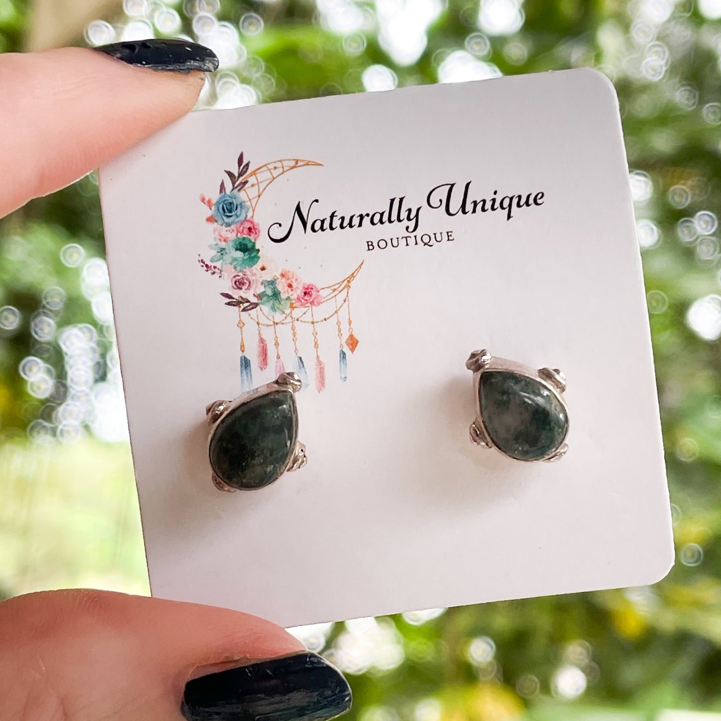Natural Moss Agate Studs - Solid Sterling Silver