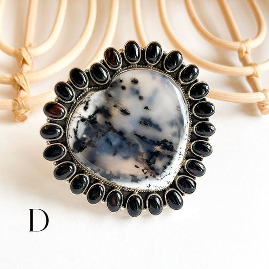 Dendrite & Onyx Heart Statement Ring - Solid Sterling Silver