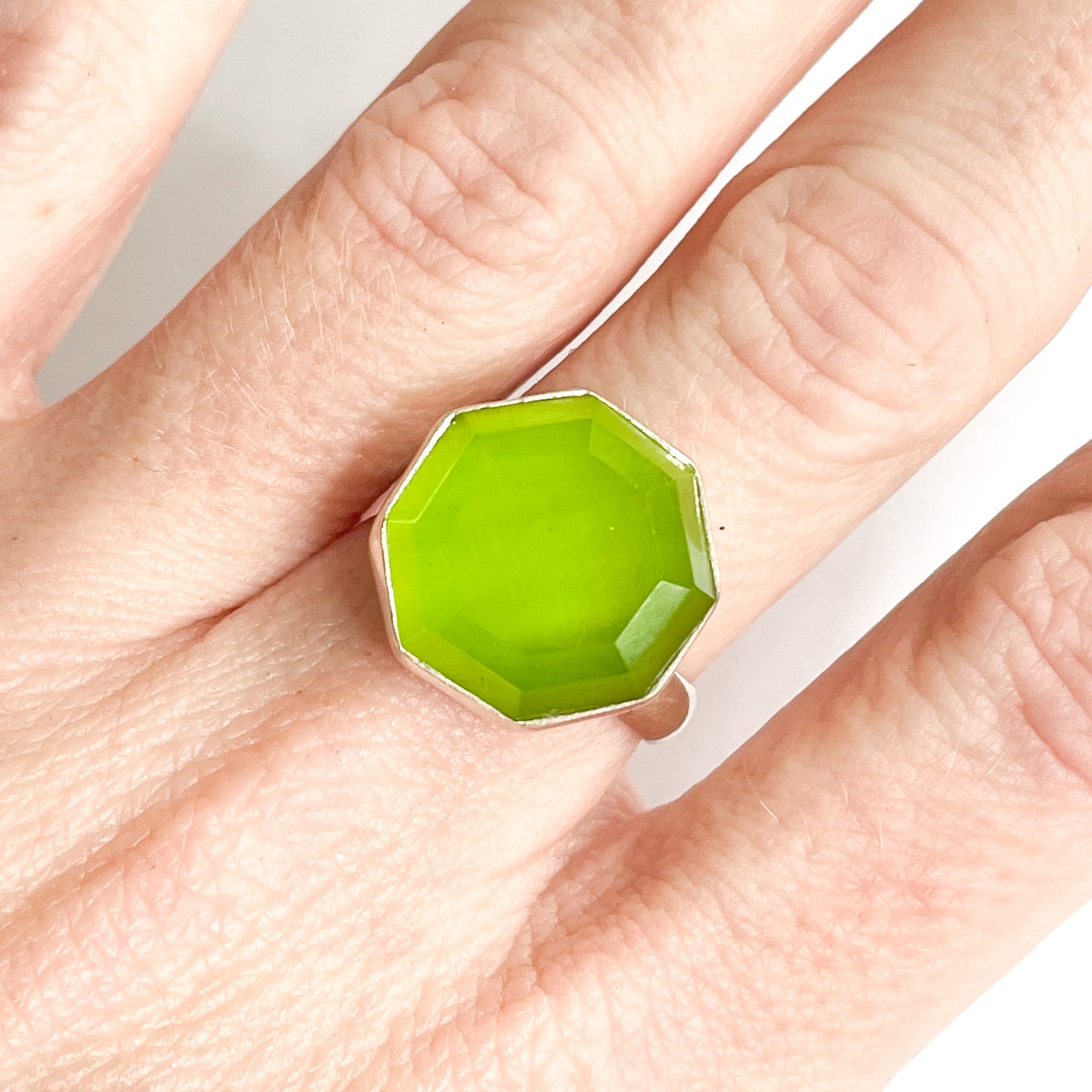 Shimmer Green Hexagon Ring - Solid Sterling Silver