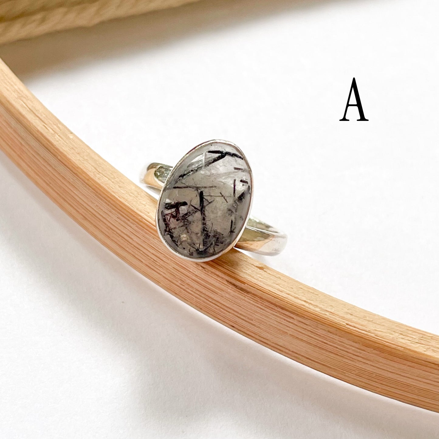 Black Rutile Rose Cut Ring - Solid Sterling Silver