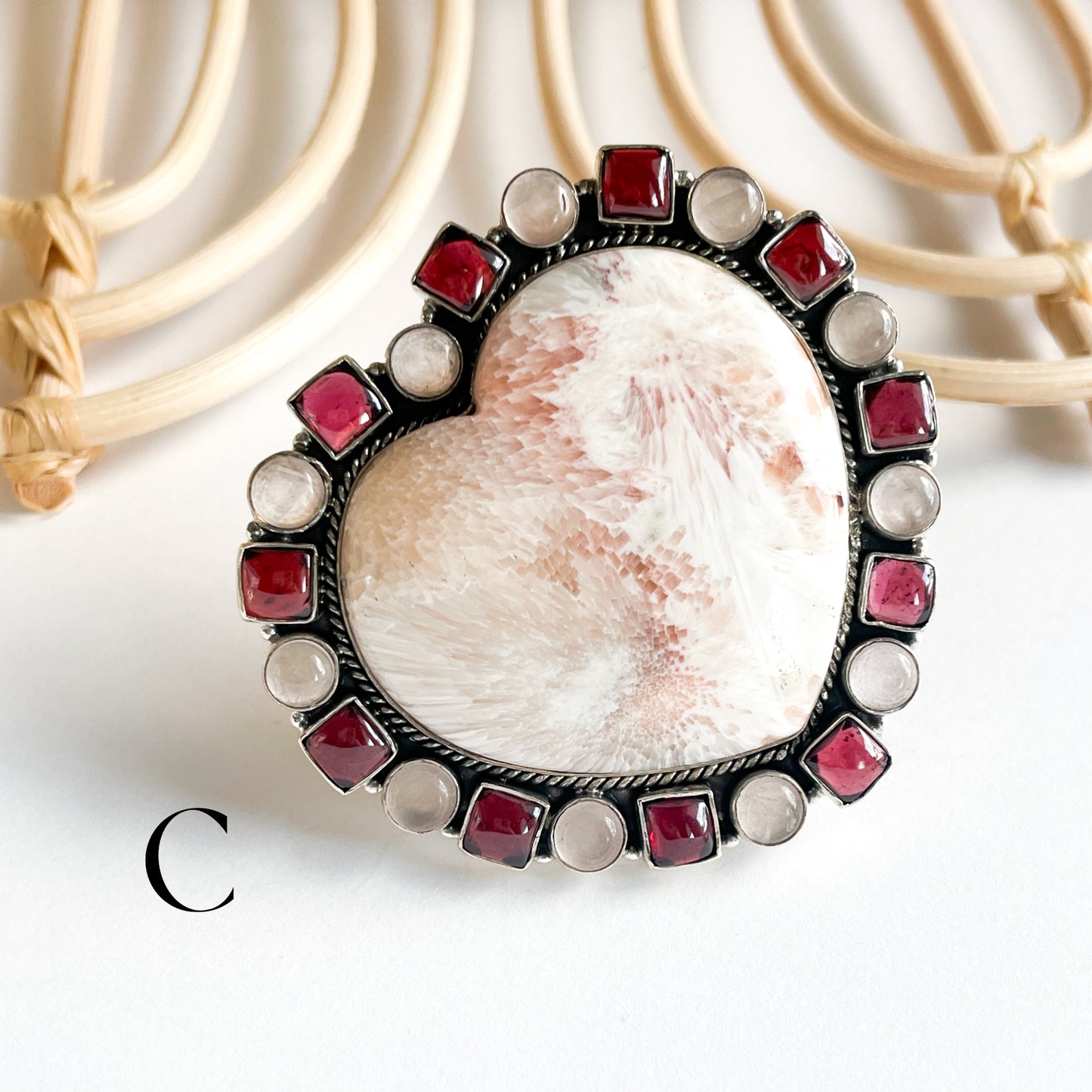 Scolecite Multi Stone Heart Statement Ring - Solid Sterling Silver