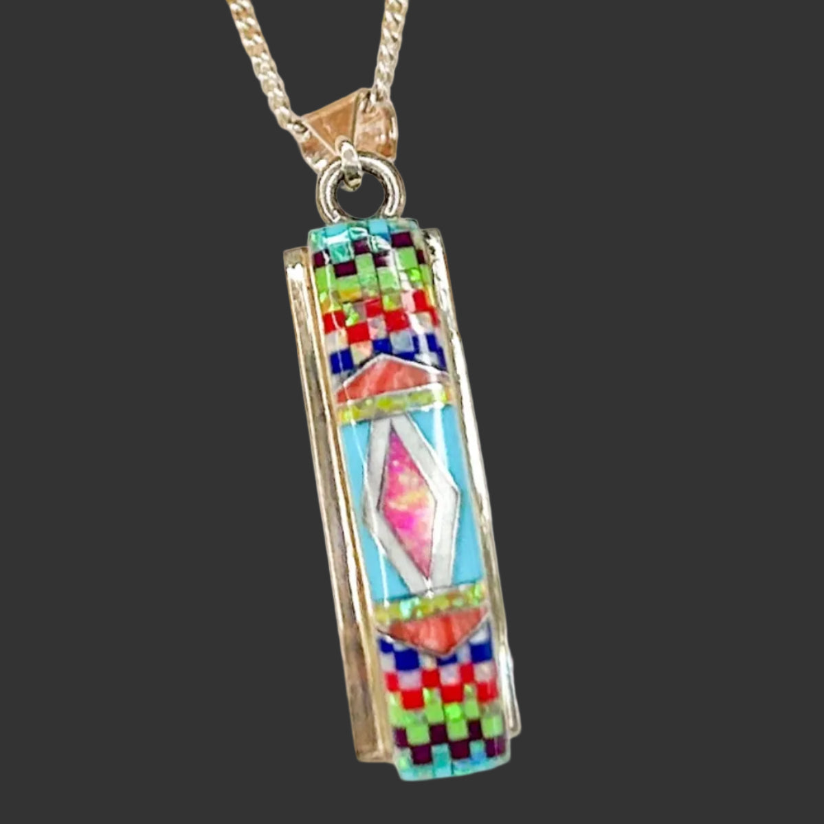 Tribal Inlay Rectangle w/ Border Pendant - SSS