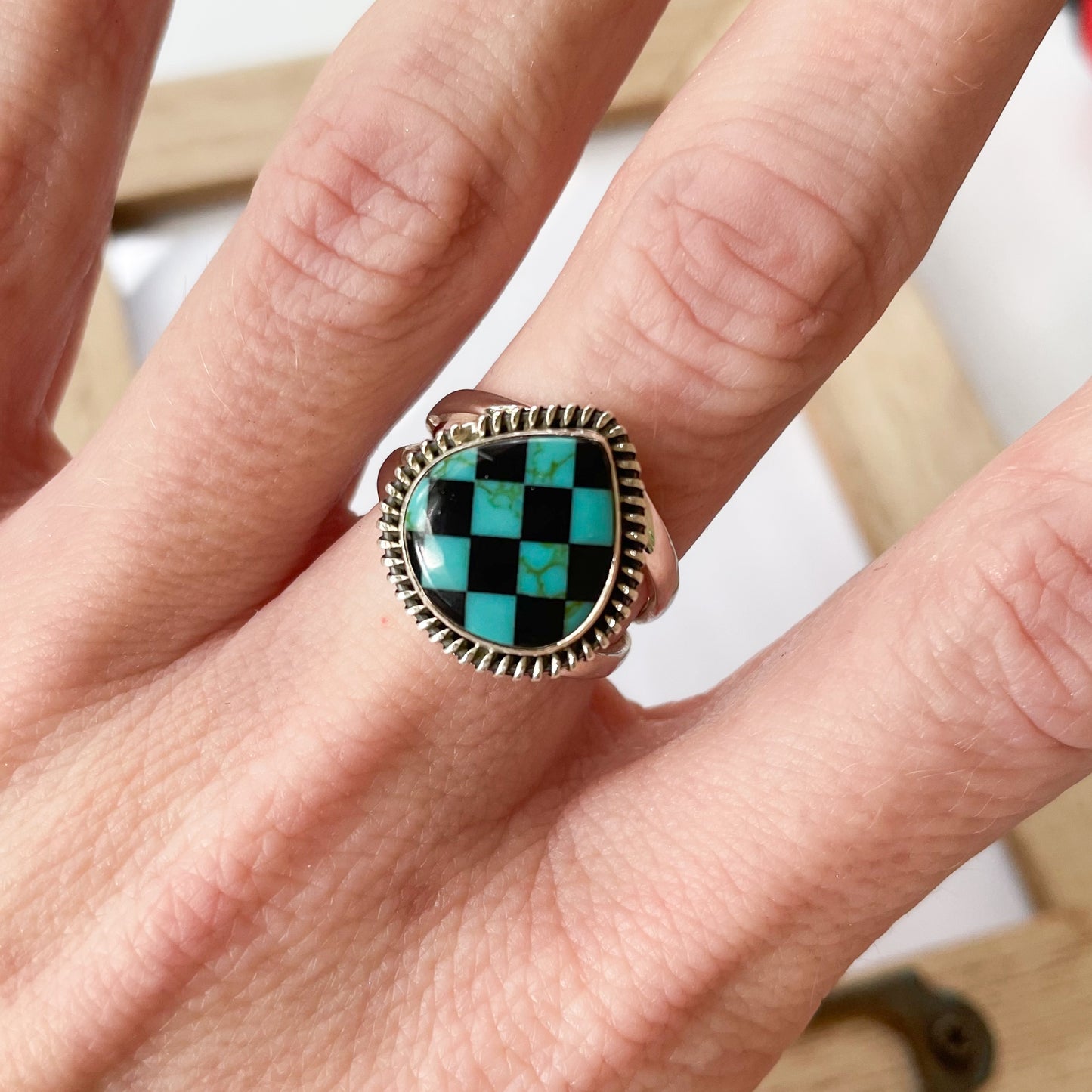 Turquoise & Blk Onyx Inlay Ring - Solid Sterling Silver