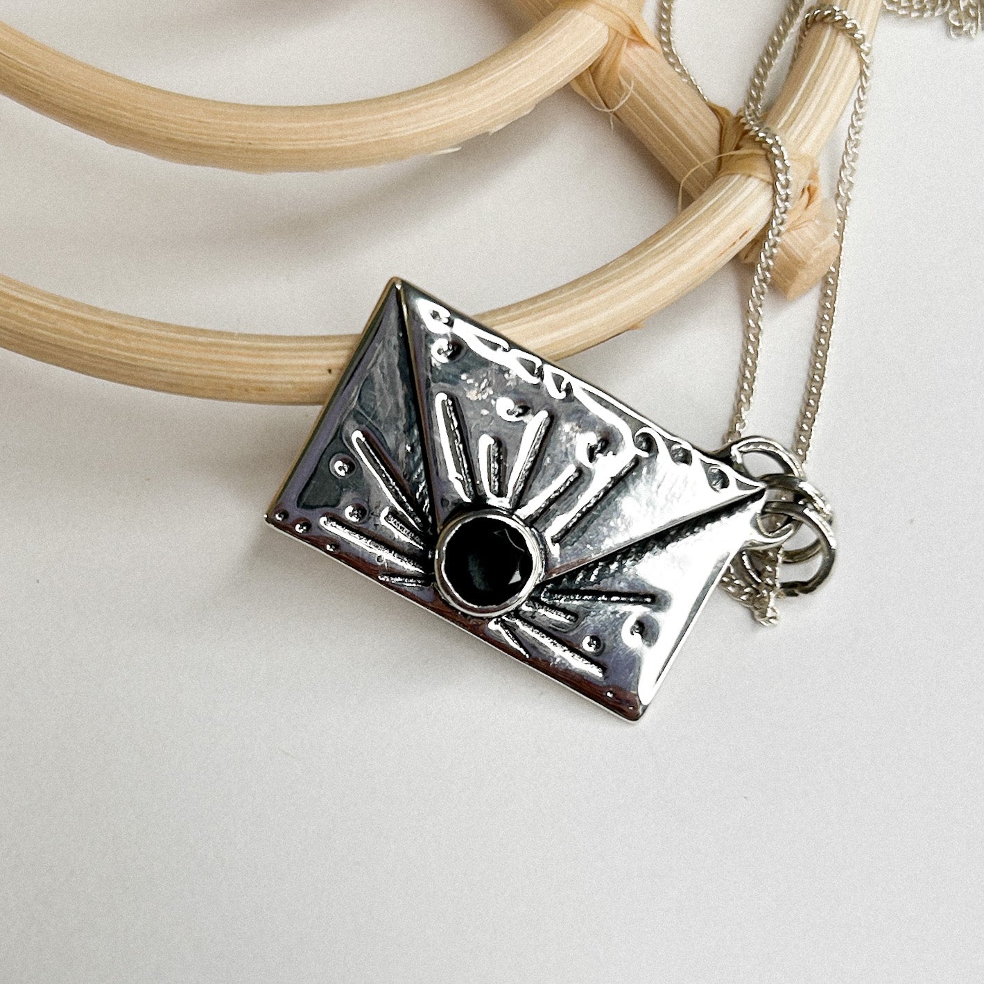 Garnet Envelope Pendant  - Solid Sterling Silver