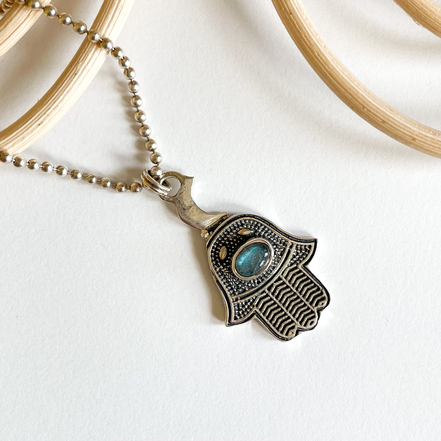 Hand & Labradorite Pendant - Solid Sterling Silver