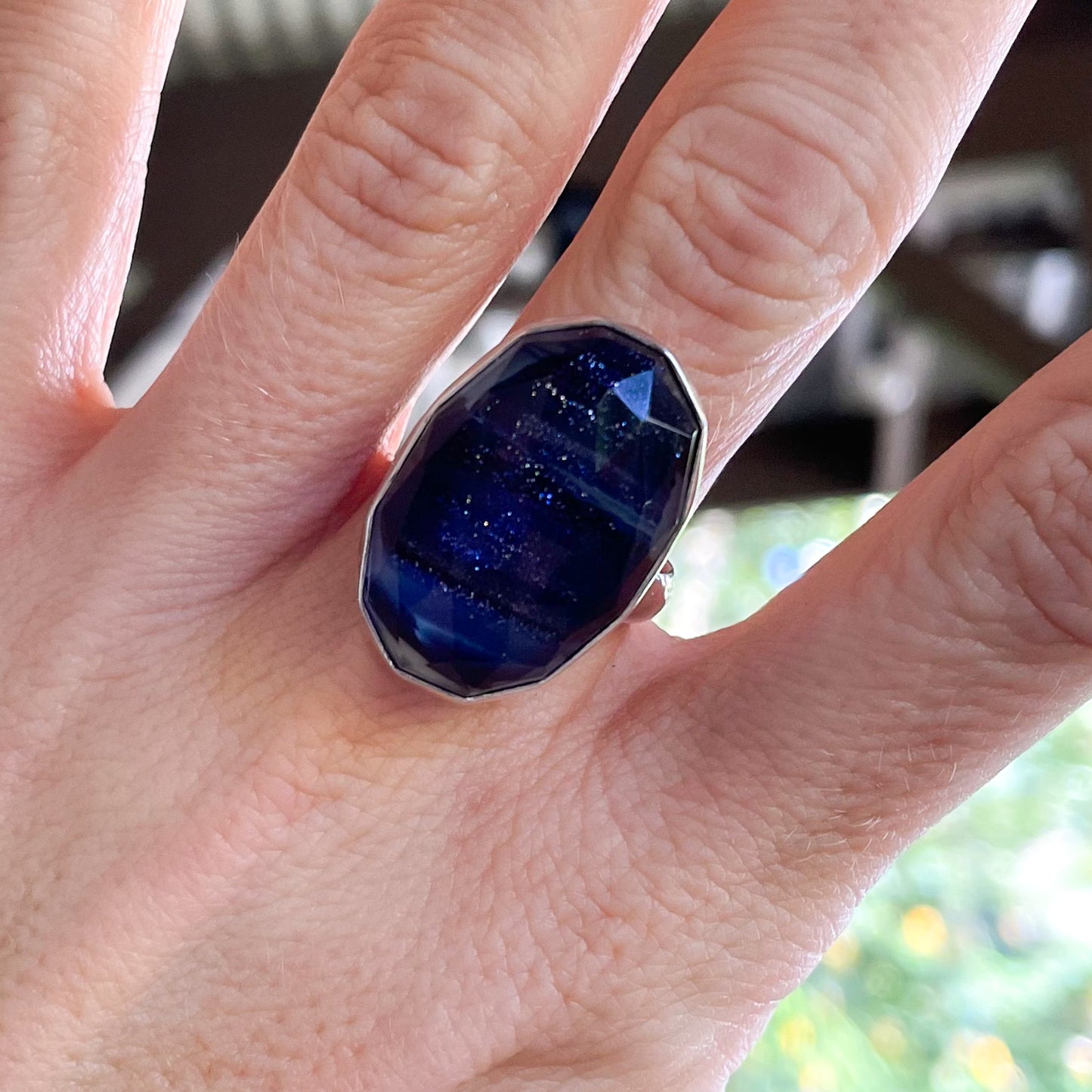 Blue Shimmer Doublet Ring - Solid Sterling Silver
