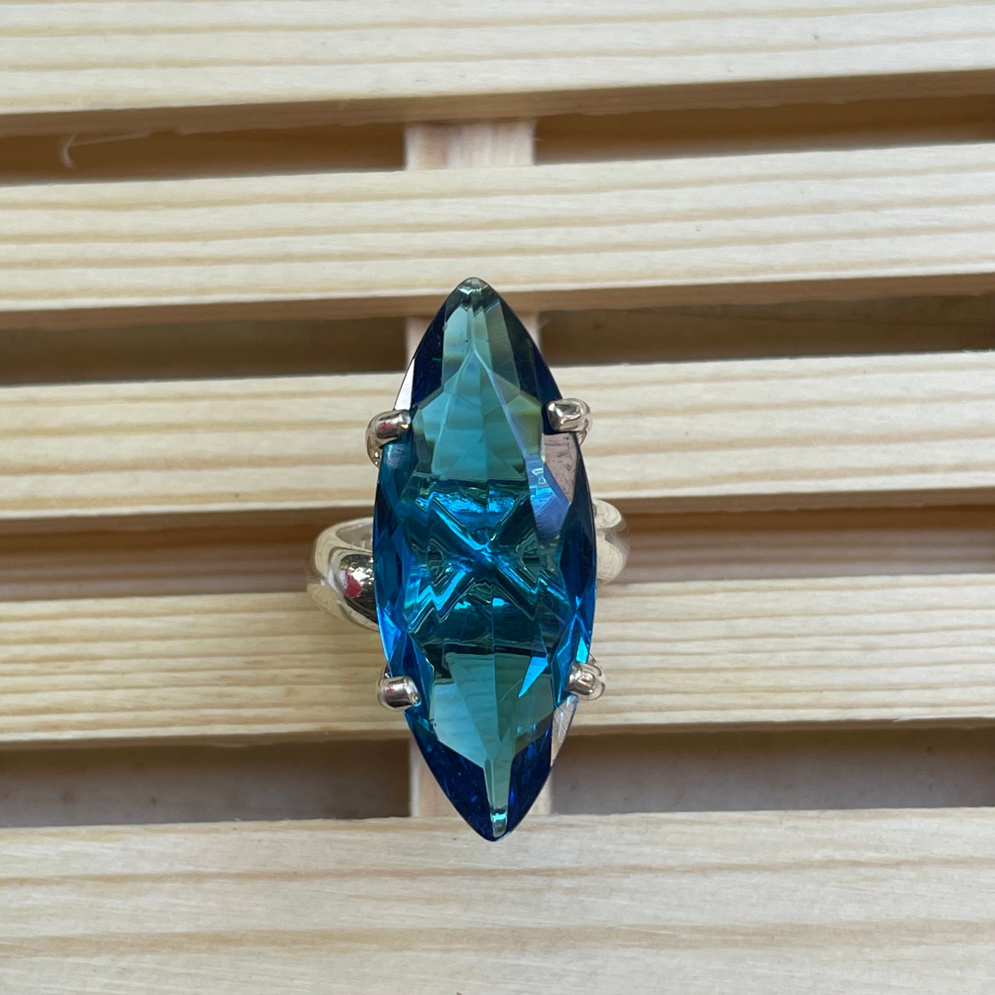 Deep Blue Marquee Glass Prong Ring - Solid Sterling Silver