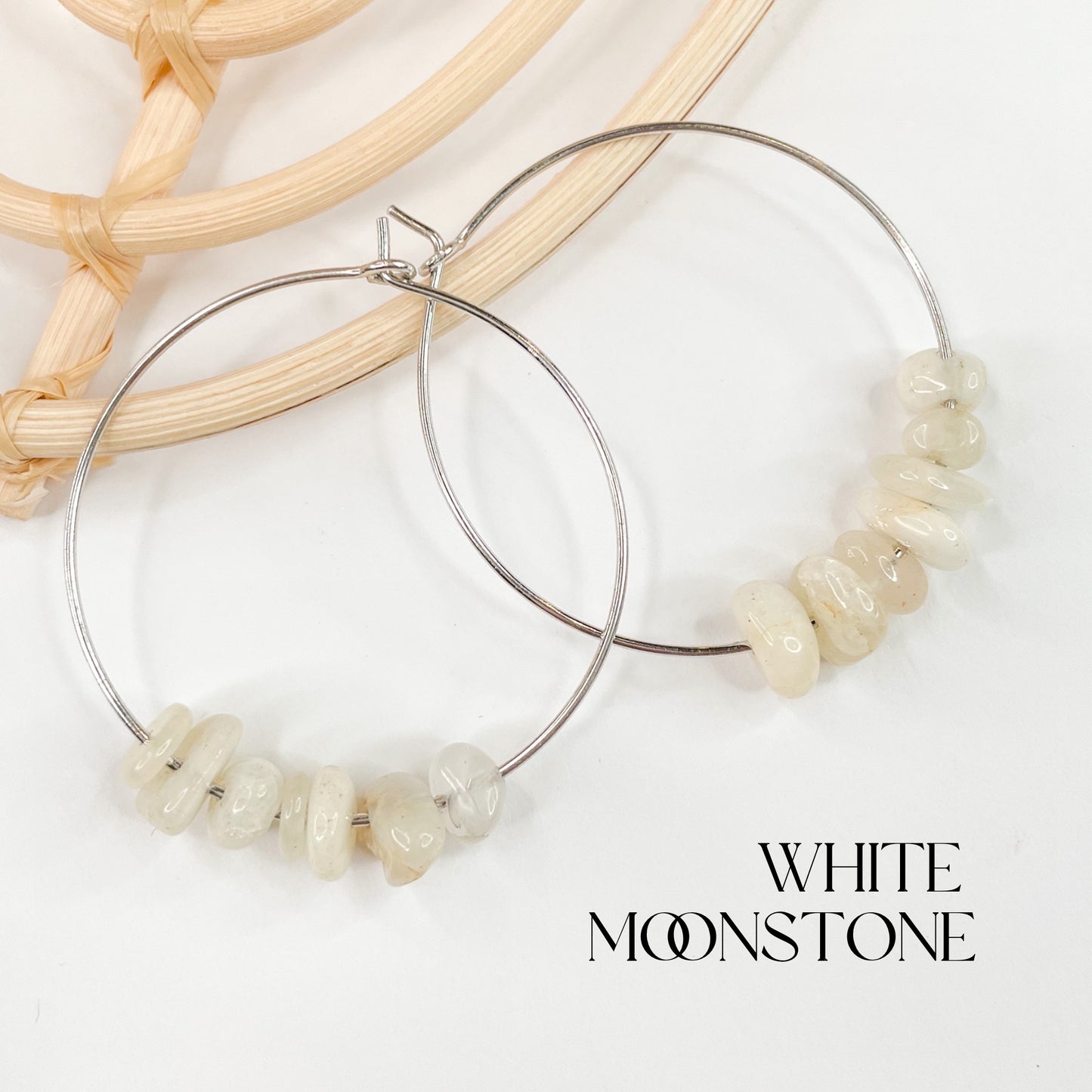 White Moonstone Hoops - Solid Sterling Silver