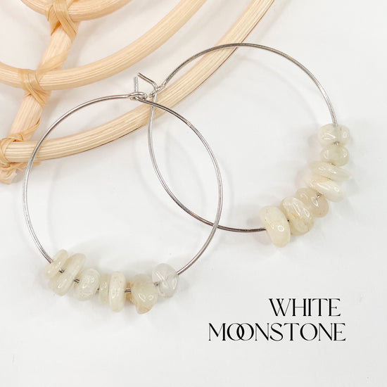 White Moonstone Hoops - Solid Sterling Silver