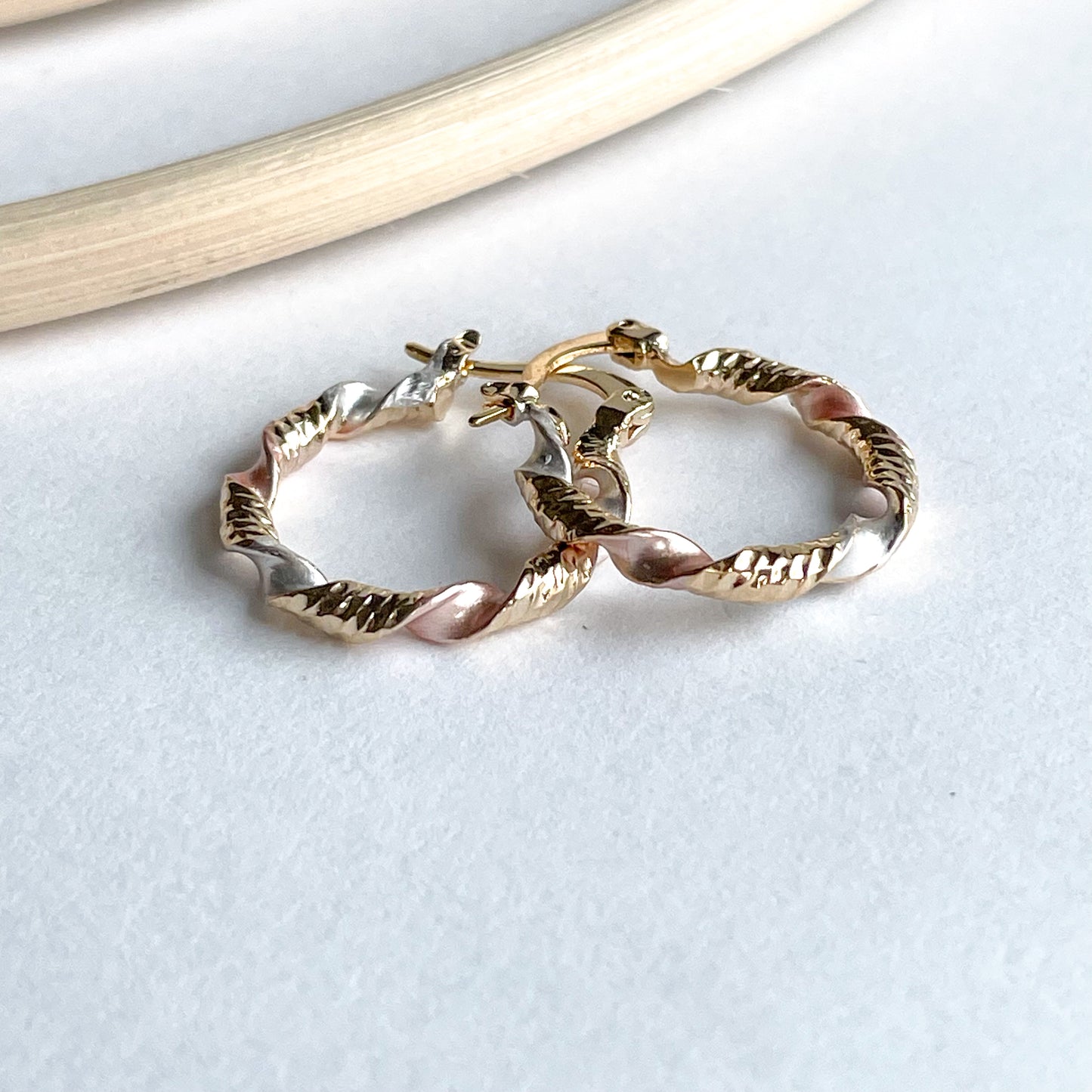 Twisted Pink Tri-Color Hoops - 18k Gold Filled