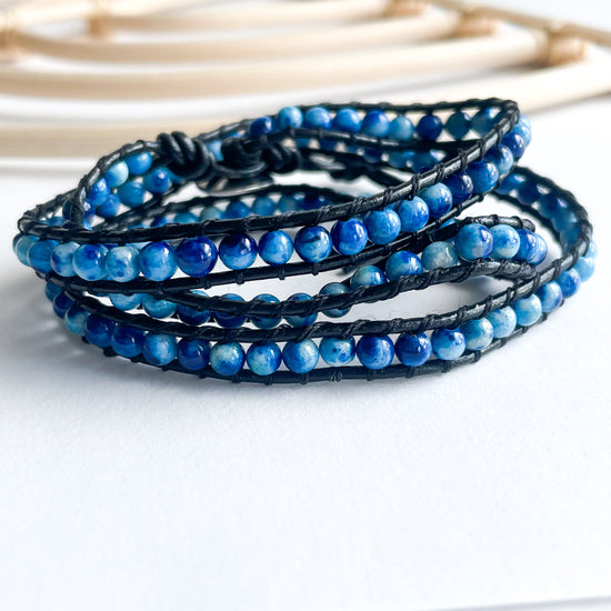 Long Blue Agate - Leather Wrap