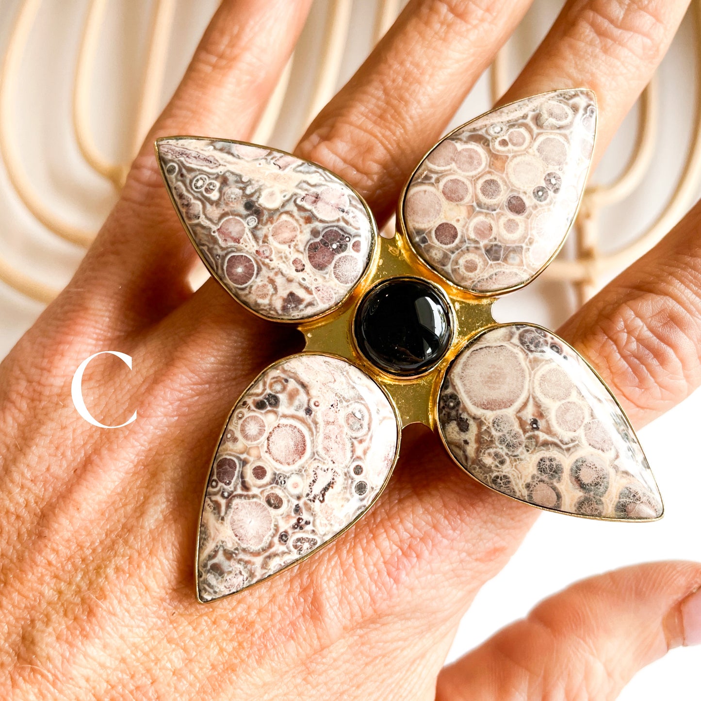 Asteroid Jasper w Black Onyx Statement Ring - Alchemia Gold